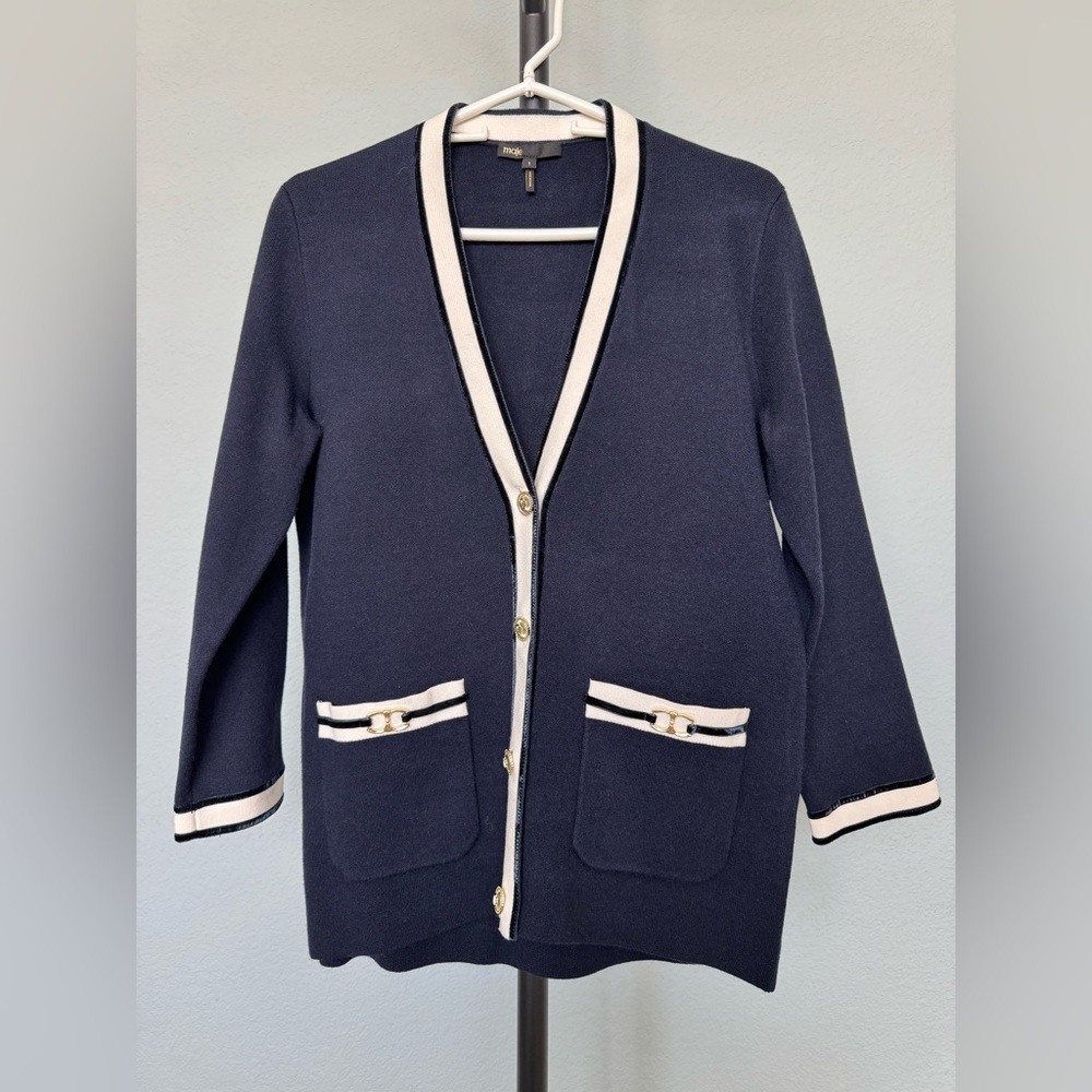 Maje Cardigan Navy with White Trim color in size 1 (small)